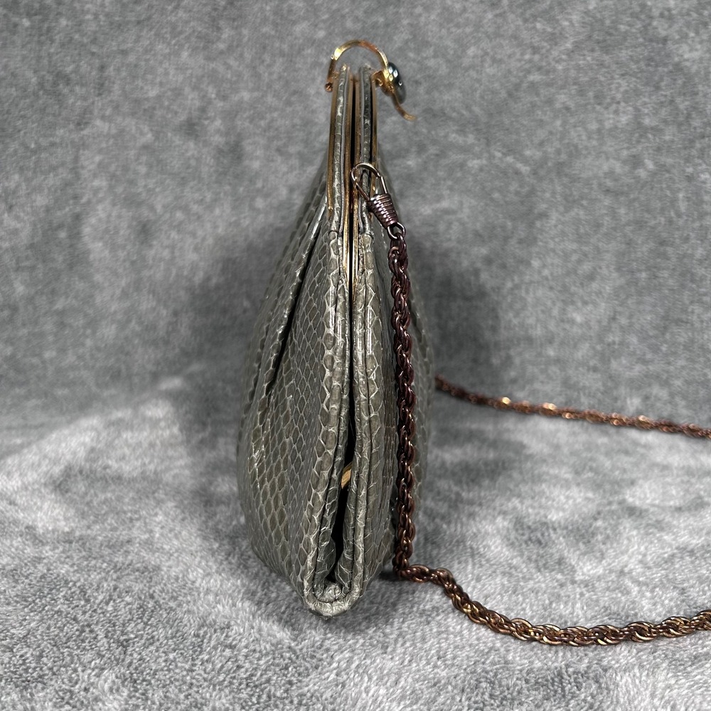 Ashneil 70s Disco Snakeskin Evening Bag Gray Gold Frame Rope Chain Purse w Pouch - Picture 2 of 16
